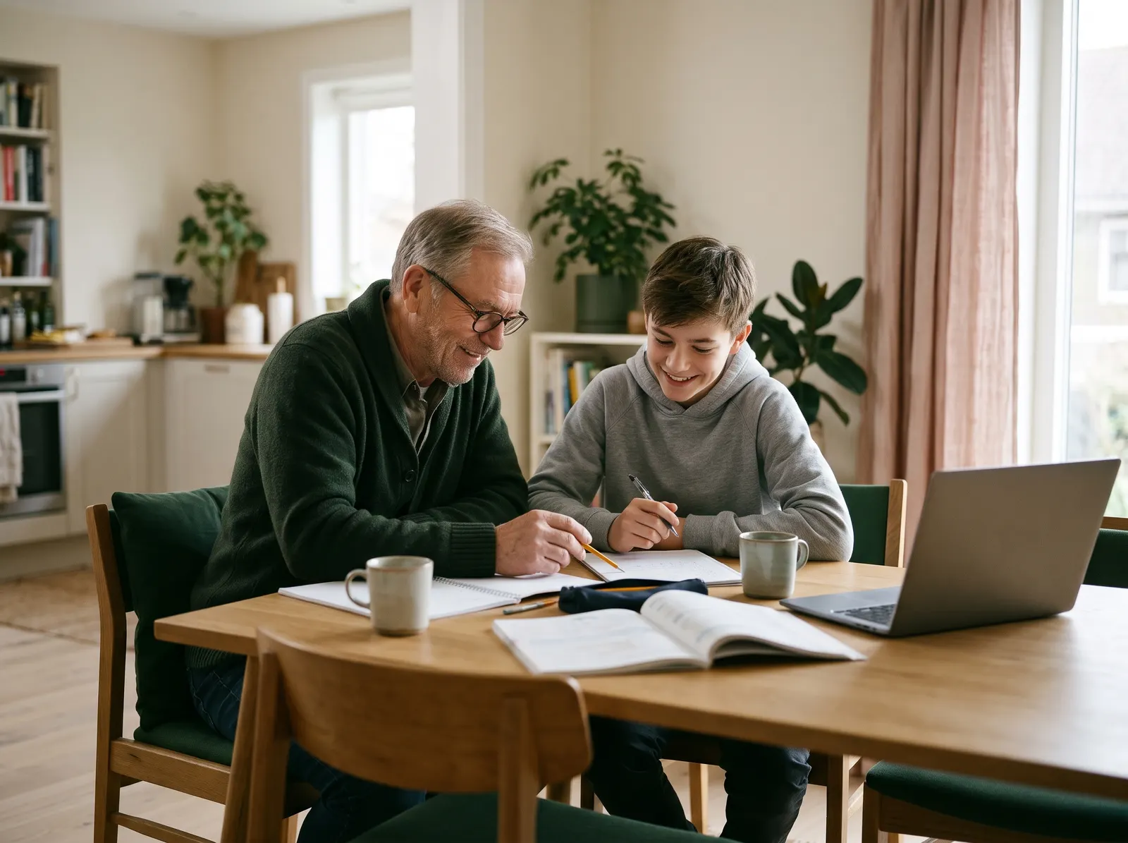 A grandfather and a teenager working through schoolwork at a dining table.