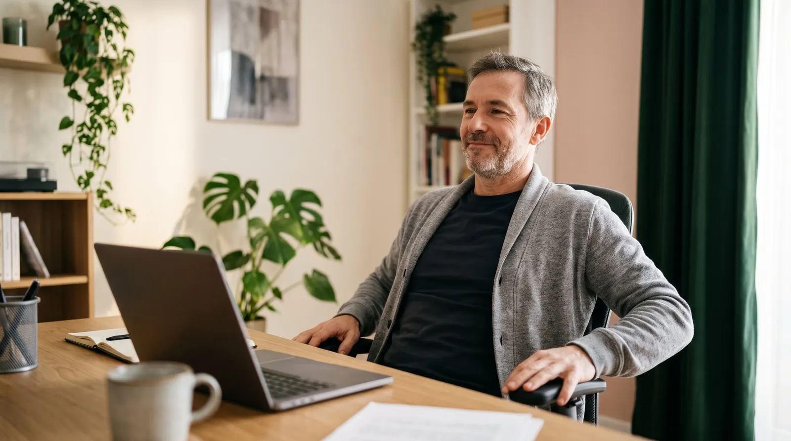 A parent relaxing at a desk with a laptop, looking relieved.