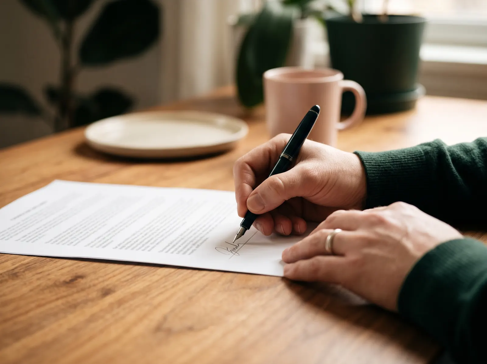 A parent signing a printed one-page document.